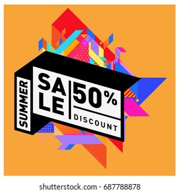 Summer sale memphis style web banner. Fashion and travel discount poster. Vector holiday Abstract colorful illustration with special offer and promotion.