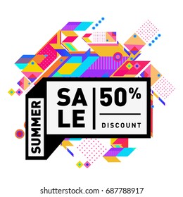 Summer sale memphis style web banner. Fashion and travel discount poster. Vector holiday Abstract colorful illustration with special offer and promotion.