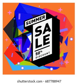 Summer sale memphis style web banner. Fashion and travel discount poster. Vector holiday Abstract colorful illustration with special offer and promotion.