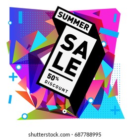 Summer sale memphis style web banner. Fashion and travel discount poster. Vector holiday Abstract colorful illustration with special offer and promotion.