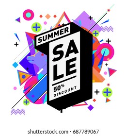 Summer sale memphis style web banner. Fashion and travel discount poster. Vector holiday Abstract colorful illustration with special offer and promotion.