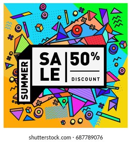 Summer sale memphis style web banner. Fashion and travel discount poster. Vector holiday Abstract colorful illustration with special offer and promotion.