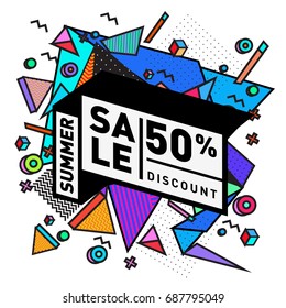 Summer sale memphis style web banner. Fashion and travel discount poster. Vector holiday Abstract colorful illustration with special offer and promotion.