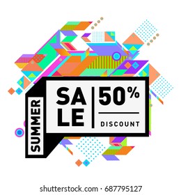 Summer sale memphis style web banner. Fashion and travel discount poster. Vector holiday Abstract colorful illustration with special offer and promotion.