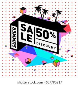 Summer sale memphis style web banner. Fashion and travel discount poster. Vector holiday Abstract colorful illustration with special offer and promotion.