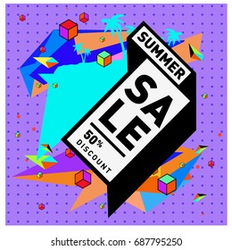 Summer sale memphis style web banner. Fashion and travel discount poster. Vector holiday Abstract colorful illustration with special offer and promotion.