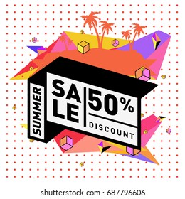 Summer sale memphis style web banner. Fashion and travel discount poster. Vector holiday Abstract colorful illustration with special offer and promotion.