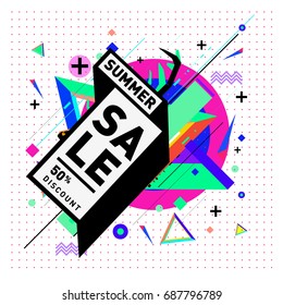 Summer sale memphis style web banner. Fashion and travel discount poster. Vector holiday Abstract colorful illustration with special offer and promotion.