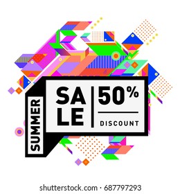 Summer sale memphis style web banner. Fashion and travel discount poster. Vector holiday Abstract colorful illustration with special offer and promotion.