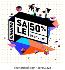 Summer sale memphis style web banner. Fashion and travel discount poster. Vector holiday Abstract colorful illustration with special offer and promotion.