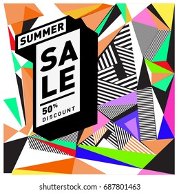 Summer sale memphis style web banner. Fashion and travel discount poster. Vector holiday Abstract colorful illustration with special offer and promotion.