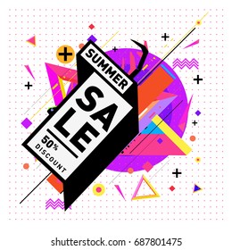 Summer sale memphis style web banner. Fashion and travel discount poster. Vector holiday Abstract colorful illustration with special offer and promotion.
