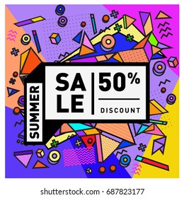 Summer sale memphis style web banner. Fashion and travel discount poster. Vector holiday Abstract colorful illustration with special offer and promotion.