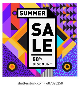 Summer sale memphis style web banner. Fashion and travel discount poster. Vector holiday Abstract colorful illustration with special offer and promotion.