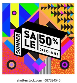Summer sale memphis style web banner. Fashion and travel discount poster. Vector holiday Abstract colorful illustration with special offer and promotion.