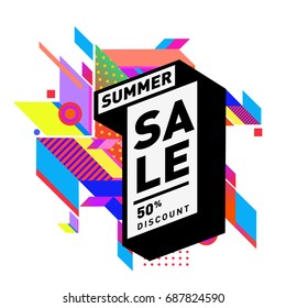 Summer sale memphis style web banner. Fashion and travel discount poster. Vector holiday Abstract colorful illustration with special offer and promotion.