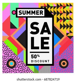 Summer sale memphis style web banner. Fashion and travel discount poster. Vector holiday Abstract colorful illustration with special offer and promotion.