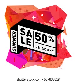 Summer sale memphis style web banner. Fashion and travel discount poster. Vector holiday Abstract colorful illustration with special offer and promotion.