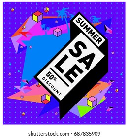 Summer sale memphis style web banner. Fashion and travel discount poster. Vector holiday Abstract colorful illustration with special offer and promotion.