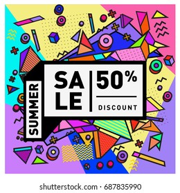 Summer sale memphis style web banner. Fashion and travel discount poster. Vector holiday Abstract colorful illustration with special offer and promotion.