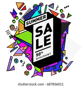 Summer sale memphis style web banner. Fashion and travel discount poster. Vector holiday Abstract colorful illustration with special offer and promotion.