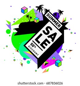 Summer sale memphis style web banner. Fashion and travel discount poster. Vector holiday Abstract colorful illustration with special offer and promotion.