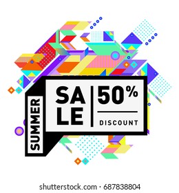 Summer sale memphis style web banner. Fashion and travel discount poster. Vector holiday Abstract colorful illustration with special offer and promotion.