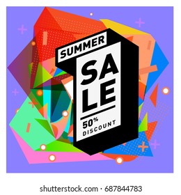 Summer sale memphis style web banner. Fashion and travel discount poster. Vector holiday Abstract colorful illustration with special offer and promotion.