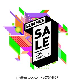 Summer sale memphis style web banner. Fashion and travel discount poster. Vector holiday Abstract colorful illustration with special offer and promotion.