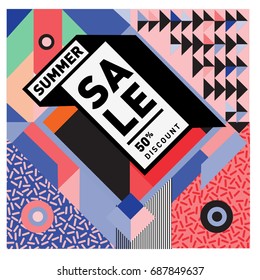 Summer sale memphis style web banner. Fashion and travel discount poster. Vector holiday Abstract colorful illustration with special offer and promotion.