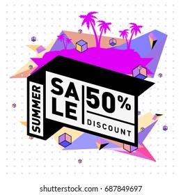 Summer sale memphis style web banner. Fashion and travel discount poster. Vector holiday Abstract colorful illustration with special offer and promotion.