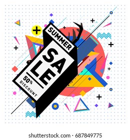 Summer sale memphis style web banner. Fashion and travel discount poster. Vector holiday Abstract colorful illustration with special offer and promotion.
