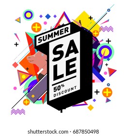 Summer sale memphis style web banner. Fashion and travel discount poster. Vector holiday Abstract colorful illustration with special offer and promotion.