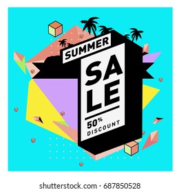Summer sale memphis style web banner. Fashion and travel discount poster. Vector holiday Abstract colorful illustration with special offer and promotion.