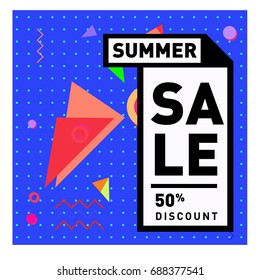 Summer sale memphis style web banner. Fashion and travel discount poster. Vector holiday Abstract colorful illustration with special offer and promotion.