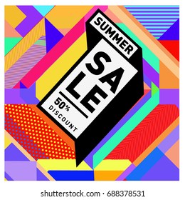 Summer sale memphis style web banner. Fashion and travel discount poster. Vector holiday Abstract colorful illustration with special offer and promotion.