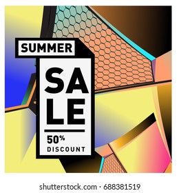 Summer sale memphis style web banner. Fashion and travel discount poster. Vector holiday Abstract colorful illustration with special offer and promotion.