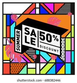 Summer sale memphis style web banner. Fashion and travel discount poster. Vector holiday Abstract colorful illustration with special offer and promotion.