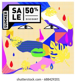 Summer sale memphis style web banner. Fashion and travel discount poster. Vector holiday Abstract colorful illustration with special offer and promotion.