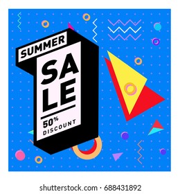 Summer sale memphis style web banner. Fashion and travel discount poster. Vector holiday Abstract colorful illustration with special offer and promotion.