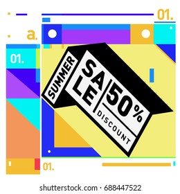 Summer sale memphis style web banner. Fashion and travel discount poster. Vector holiday Abstract colorful illustration with special offer and promotion.