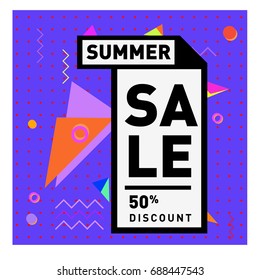 Summer sale memphis style web banner. Fashion and travel discount poster. Vector holiday Abstract colorful illustration with special offer and promotion.