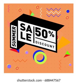 Summer sale memphis style web banner. Fashion and travel discount poster. Vector holiday Abstract colorful illustration with special offer and promotion.