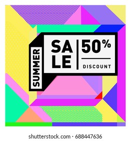 Summer sale memphis style web banner. Fashion and travel discount poster. Vector holiday Abstract colorful illustration with special offer and promotion.