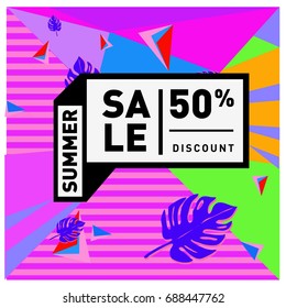 Summer sale memphis style web banner. Fashion and travel discount poster. Vector holiday Abstract colorful illustration with special offer and promotion.