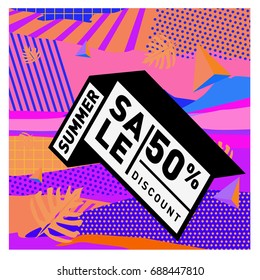 Summer sale memphis style web banner. Fashion and travel discount poster. Vector holiday Abstract colorful illustration with special offer and promotion.