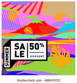 Summer sale memphis style web banner. Fashion and travel discount poster. Vector holiday Abstract colorful illustration with special offer and promotion.