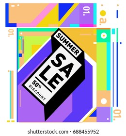 Summer sale memphis style web banner. Fashion and travel discount poster. Vector holiday Abstract colorful illustration with special offer and promotion.