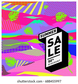 Summer sale memphis style web banner. Fashion and travel discount poster. Vector holiday Abstract colorful illustration with special offer and promotion.