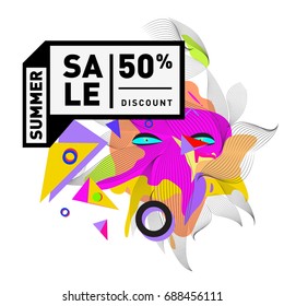 Summer sale memphis style web banner. Fashion and travel discount poster. Vector holiday Abstract colorful illustration with special offer and promotion.